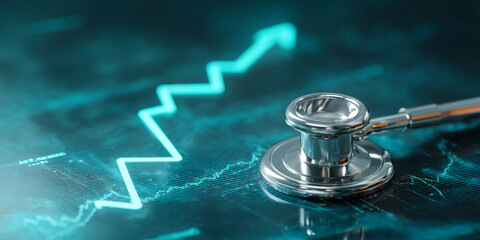 Poster - Close-up of stethoscope on teal financial graph, upward trend line, showcasing healthcare investment growth,  medical technology, or market analysis