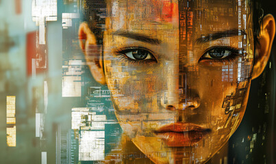 Poster - Futuristic portrait of a woman with digital circuitry overlay, blending technology and human features, showcasing intricate patterns and vibrant colors.