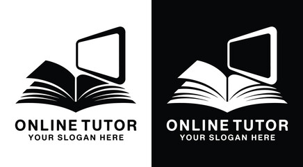 Bold black logo featuring a book and computer screen designed for online tutors e-learning platforms and digital teaching professionals