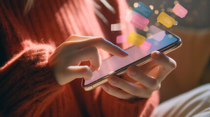 Aufkleber - Close-up of hands using smartphone,  digital messages appear above screen.  Illustrates modern communication and digital interaction
