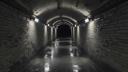 Poster - Silent Brick Tunnel with Lighted Pathway and Reflections