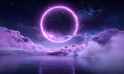 Wall Mural - Glowing ring in space over pink clouds  
