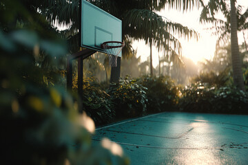 Aufkleber - Basketball hoop in lush tropical setting at sunrise, showcasing a tranquil outdoor scene ideal for sport, leisure, and relaxation concepts