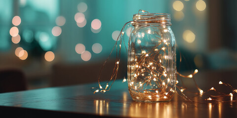 Aufkleber - Glass jar filled with warm-toned fairy lights on a dark wooden surface, bokeh background, conveying coziness and festive ambiance