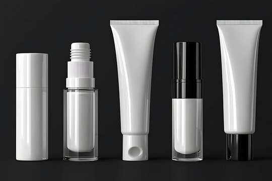 Cosmetic product packaging mockups on a dark background.