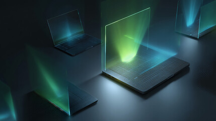 Poster - Abstract image of multiple laptops with glowing screens, showcasing technological advancement and digital innovation, symbolizing connection and networking
