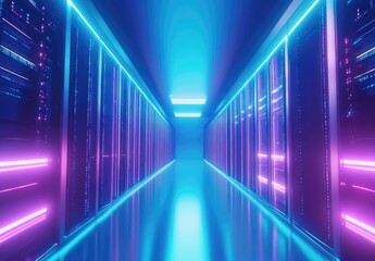 Poster - Vibrant neon-lit data center hallway with purple and blue server racks, ideal for technology branding, cybersecurity visuals, AI infrastructure, and futuristic digital concepts