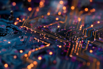 Poster - Close-up of illuminated circuit board, showcasing intricate pathways and glowing nodes, symbolizing technological advancement and connectivity, perfect for tech or innovation concepts