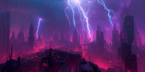 Aufkleber - Futuristic city skyline under stormy night, rain falling, purple and pink lighting, showcasing cyberpunk aesthetic, depicting dystopian or futuristic urban landscape, ideal for sci-fi themes