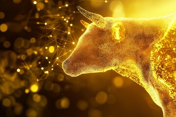 Poster - Golden digital bull formed by glowing data particles representing strong bullish financial trends and market confidence, Generative AI