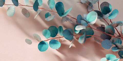 Aufkleber - Teal eucalyptus branches on a pale pink background, creating a serene and elegant aesthetic, ideal for branding or website design, showcasing free space for text