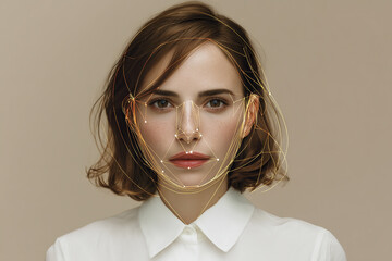 Poster - Woman's face overlaid with a geometric gold wireframe, symbolizing facial recognition technology or digital identity, set against a neutral background
