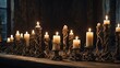 © MST - A dimly lit scene featuring a row of ten ornate candles in various heights, each encased in intricate, aged candlesticks