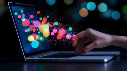 Poster - Woman's Hand Touching Glowing Circles On Laptop Screen