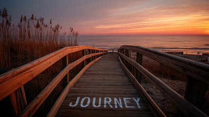 Aufkleber - Wooden boardwalk leading to ocean at sunset, word JOURNEY painted on planks, symbolizing travel, adventure, and new beginnings