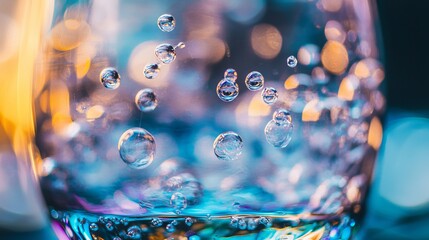 Poster - Abstract Blue and Gold Water Bubbles Macro Photography Sparkling Texture Background Shimmering Elegant Design Artistic Closeup Vibrant Detailed Image High Resolution Digital Art life glass light still