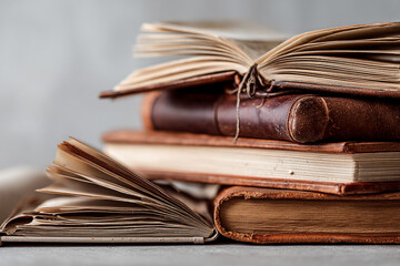 Poster - Stack of antique books with leather covers, pages aged and yellowed, showcasing a feeling of history, knowledge, and old-world charm