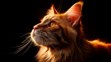 Poster - Close-up of ginger cat profile against black background, illuminated fur texture, showing elegance and grace, suitable for pet, animal or nature themes.