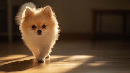 adorable pomeranian puppy walking on wooden floor golden sunlight fluffy dog pet animal domestic can