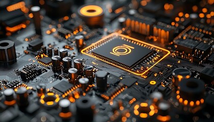 Close-up view of a circuit board with highlighted microprocessor.