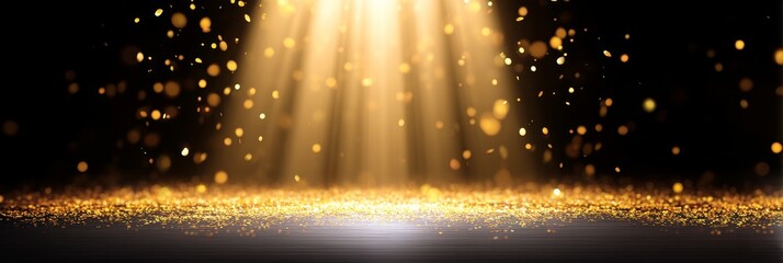 Poster - Golden Confetti Celebration Stage - Festive stage with golden confetti rain, spotlight beams, and glittering surface. Symbolizing celebration, success, joy, luxury, and achievement