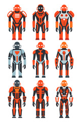 Poster - Set of Robot Characters in Red and Orange Colors