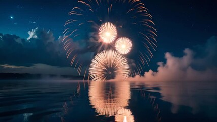 Poster - Vibrant fireworks illuminating the night sky with reflection on water