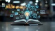 © WiiTforce - A glowing scene of education and technology with a radiant lightbulb resting on an open book topped by a graduation hat surrounded by floating online education icons in a dreamy bokeh lit environment