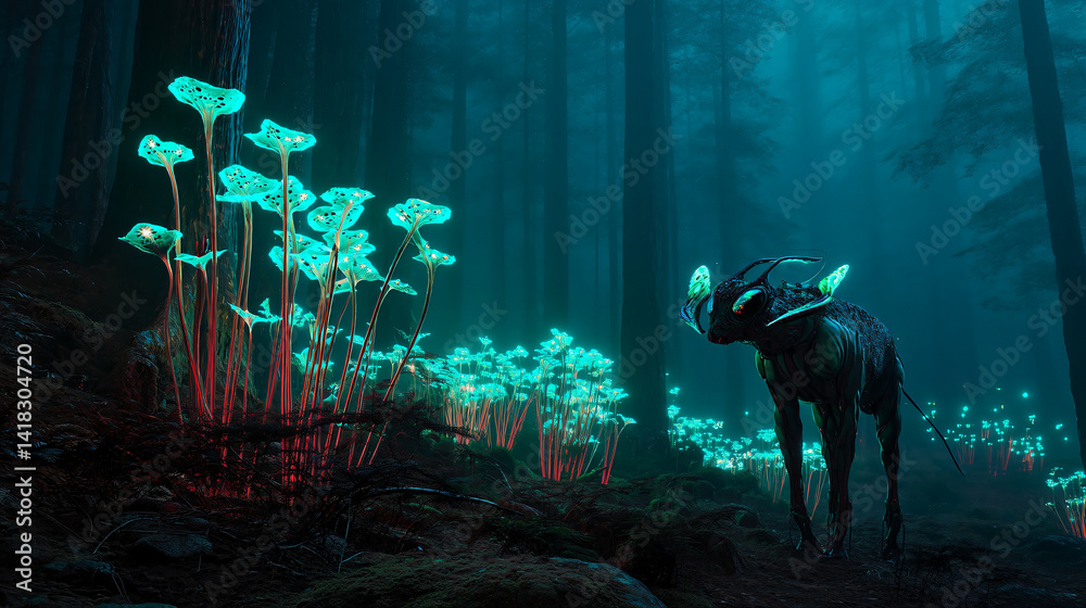 Bioluminescent Alien Creature in Sci-Fi Setting Stock Illustration ...