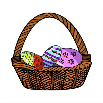 Colored hand drawn illustration of brown Easter basket with colorful Easter eggs