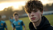 © Putu - Portrait of a teenage boy with light brown hair, looking directly at the camera.  He's wearing a black hoodie, and blurred soccer players are visible in the background at sunset.