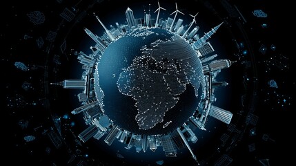 Poster - global cityscape digital art wireframe earth modern technology futuristic urban skyline digital illu