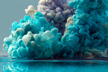 Poster - Abstract image of teal and white ink swirling in water, creating a dynamic, textured cloud-like form with a reflective surface below, showcasing fluidity and movement