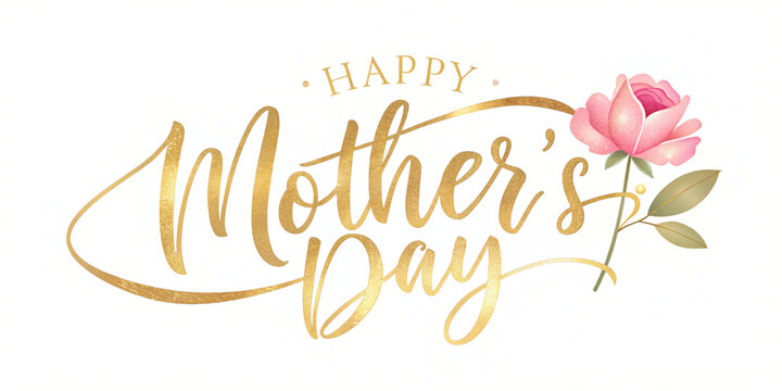Vector Happy Mothers day banner with golden calligraphy. Elegant quote for poster or greeting card, with Mother's Day lettering and pink flower. illustration on white background