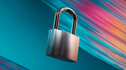 Poster - Metallic padlock against vibrant teal and pink background, symbolizing security, privacy, and data protection, suitable for tech or cybersecurity concepts