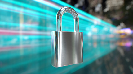 Poster - Close-up of metallic padlock against blurred teal background, symbolizing security, protection, and privacy in digital or physical contexts