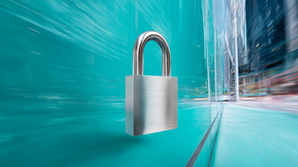 Poster - Metallic padlock against teal blurred city background, symbolizing data security and online protection in fast-paced urban environment
