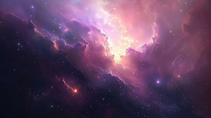 a dreamy outer space scene featuring a vibrant nebula with radiant star clusters and glowing gas clo