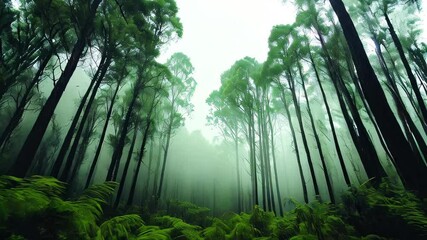 Poster - Lush green forest filled with tall trees shrouded in mist creates a serene atmosphere