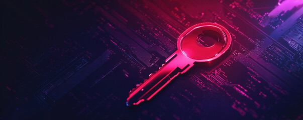 Poster - Digital key on circuit board background representing cybersecurity and data protection, copy space for text.