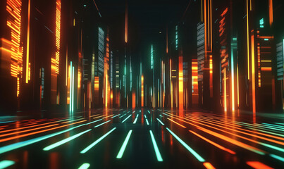 Poster - futuristic neon-lit corridor with glowing vertical lines and reflective floor, creating a vibrant di