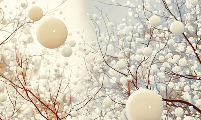 Poster - Abstract white spheres floating among delicate branches, ethereal atmosphere, soft colors, serene composition, nature-inspired design.