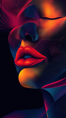 Poster - vibrant abstract portrait of a woman with colorful lines and bold lips, showcasing modern digital ar
