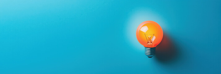 Poster - Vibrant orange light bulb glowing against bright blue background, showcasing modern design and creativity.