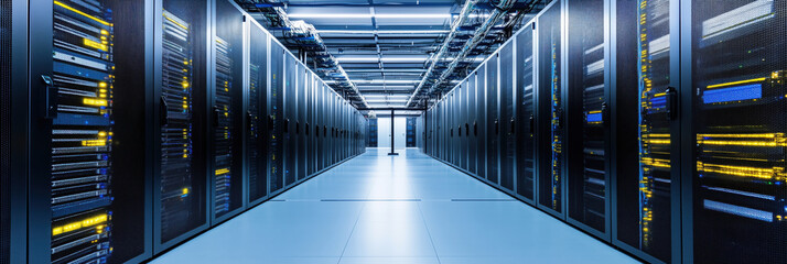 Poster - data center corridor with rows of server racks illuminated by blue and yellow lights, showcasing adv