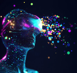 Poster - Virtual Reality Experience with Colorful Particles and Light Effects, Futuristic Human Figure Wearing VR Headset, Digital Art Representation, copy space for text.