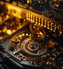 Poster - Intricate golden mechanical gears and circuits showcasing advanced technology and design, highlighting precision engineering and innovation, copy space for text.
