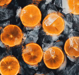 Poster - Fresh orange slices on ice, vibrant citrus fruit display, perfect for summer drinks and refreshing cocktails, copy space for text.