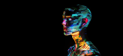 Poster - Digital human figure illuminated with vibrant projections showcasing technology and data patterns, highlighting the fusion of art and science, copy space for text.