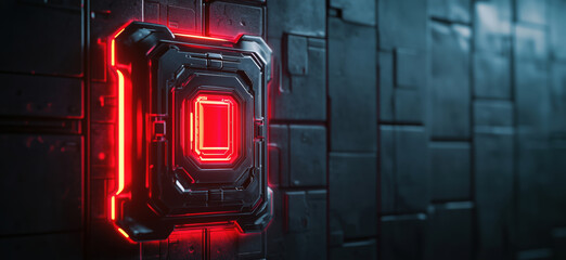 Poster - Futuristic glowing panel with red neon accents on dark textured wall, showcasing advanced technology and sci-fi aesthetics, copy space for text.